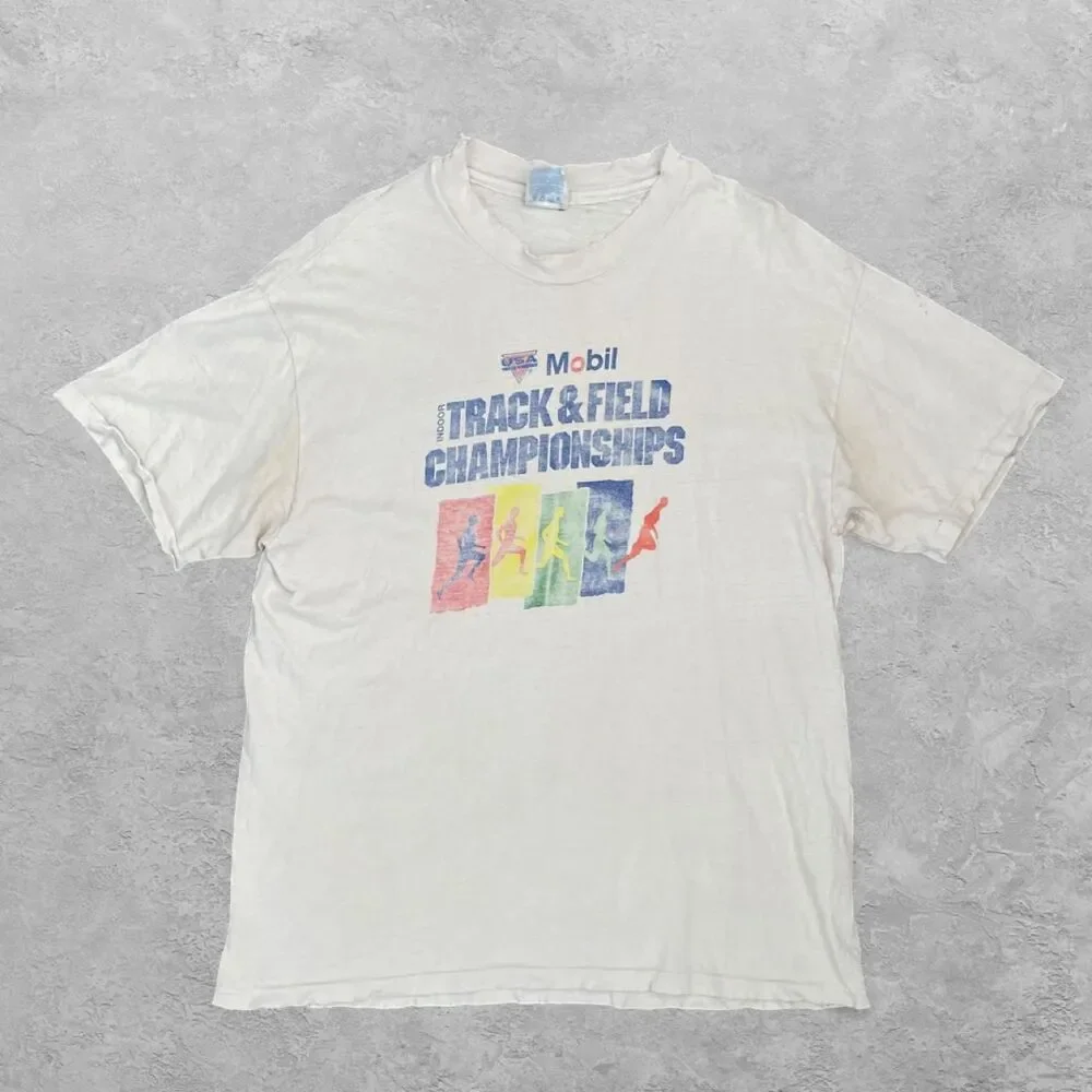 Vintage 90s Hanes Beefy Mobil Track & Field Championships Tee L